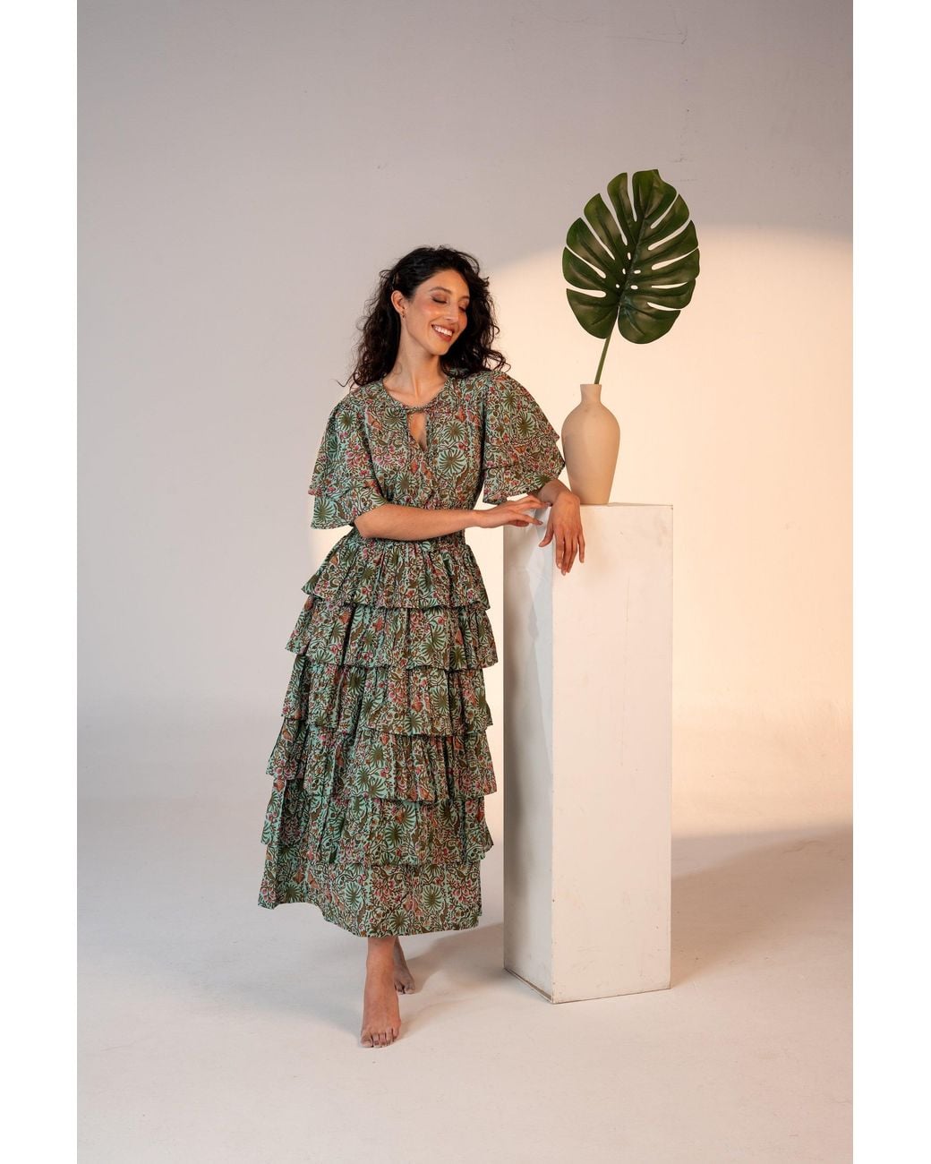 Carolina Benoit Green Palm Springs Clinched Waist Dress Print