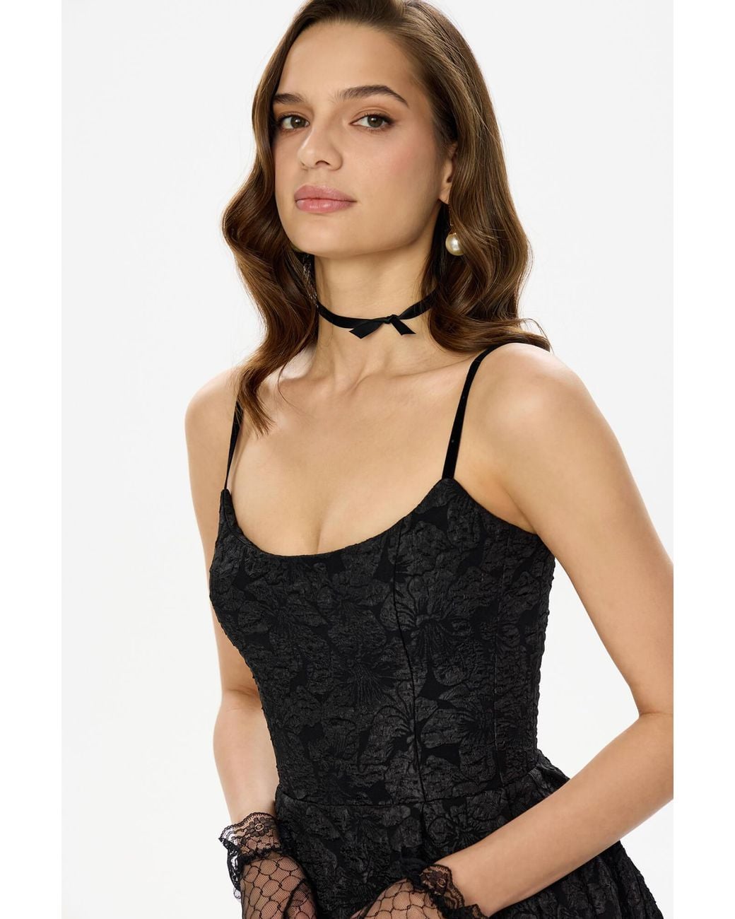 POST MERIDIEM Black Jacquard Fitted Corset Bustier Dress