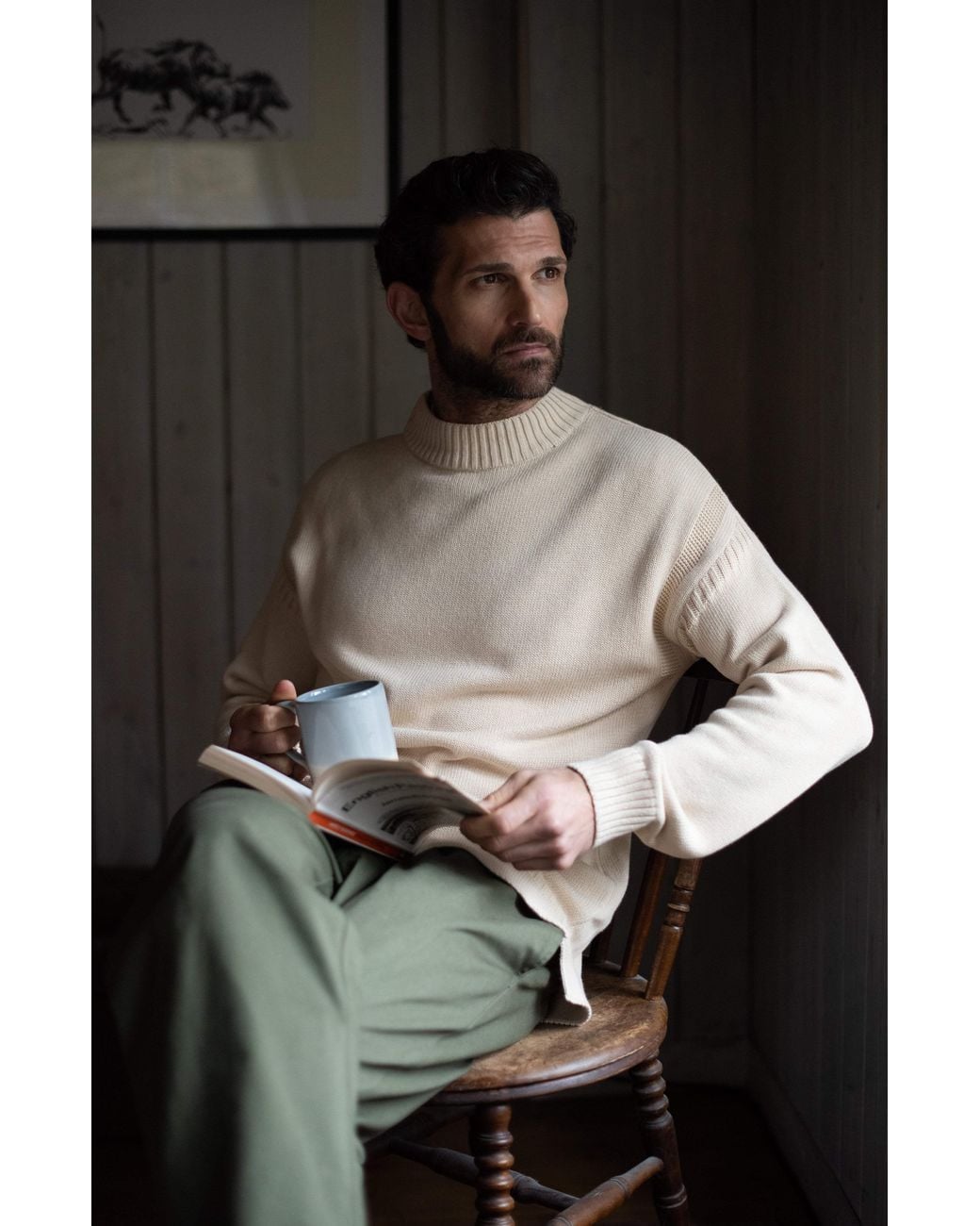 Paul James Knitwear Natural Neutrals Midweight Cotton Linen Sark Mock Neck Gansey Jumper for men