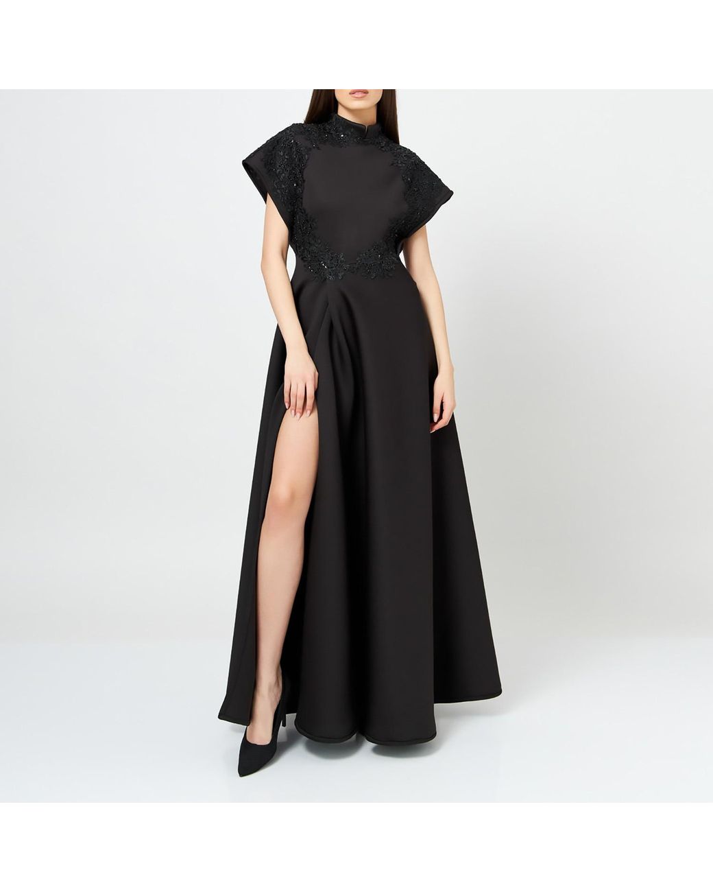 LIA ARAM Black Embellished Neoprene Evening Dress