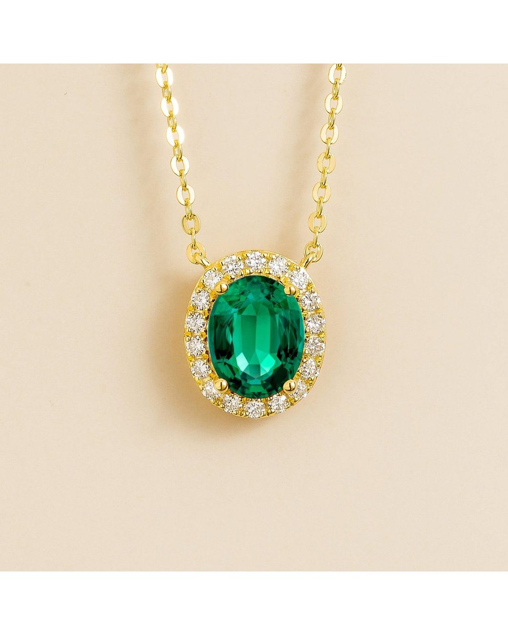 Juvetti Green Mina Oval Emerald & Diamond Halo Necklace