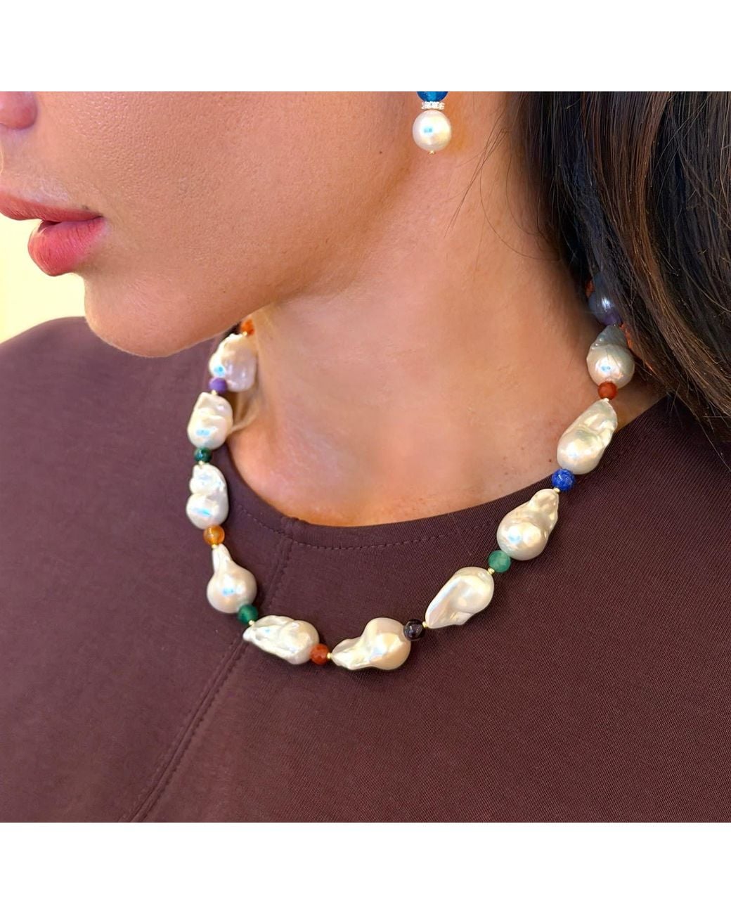 Farra Metallic Baroque Pearls With Colorful Gemstone Necklace