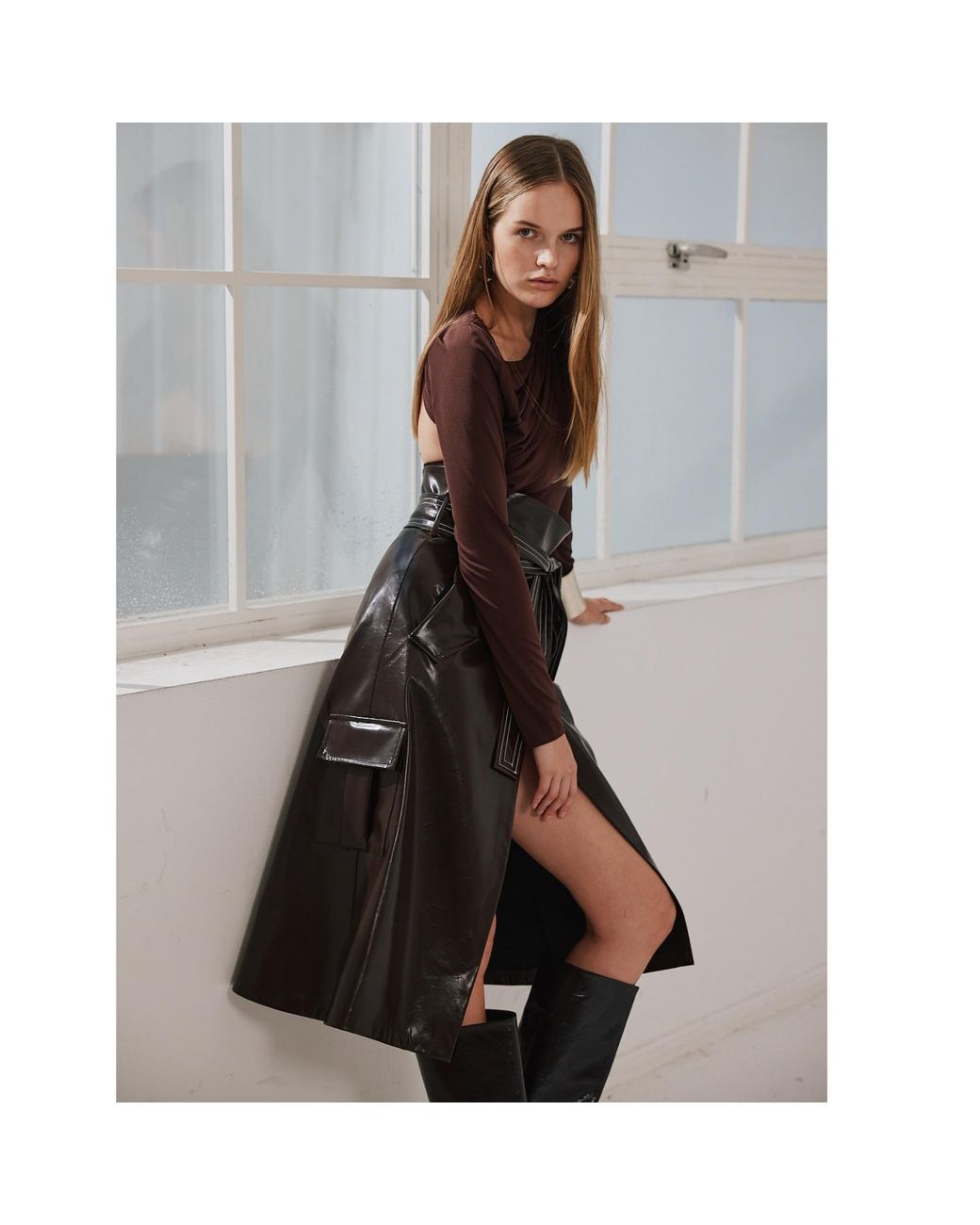 Mirimalist Brown Sepia Leather Wrap Midi Skirt