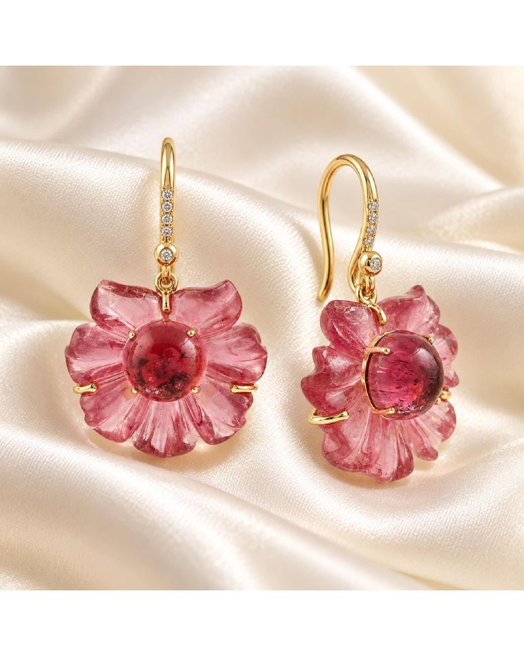 Artisan Red 18K Carved Tourmaline & Diamond Floral Earrings