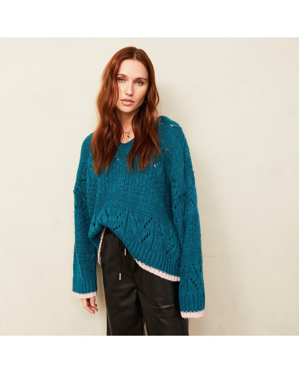 Cara & The Sky Blue Zoe Pointelle V Neck Wide Sleeve Jumper