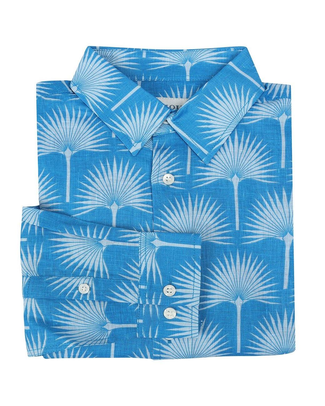 Pink House Mustique Men's Linen Shirt In Fan Palm Pale Blue And Mid ...