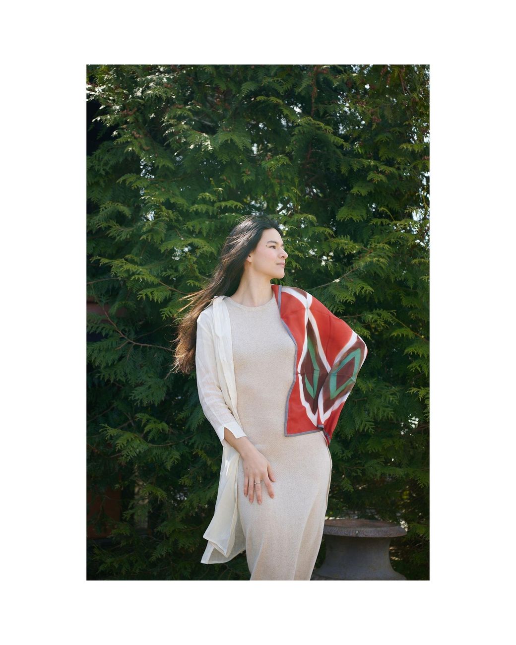 Variously Red Fawn Geometrical Print Shibori Square Silk Scarf