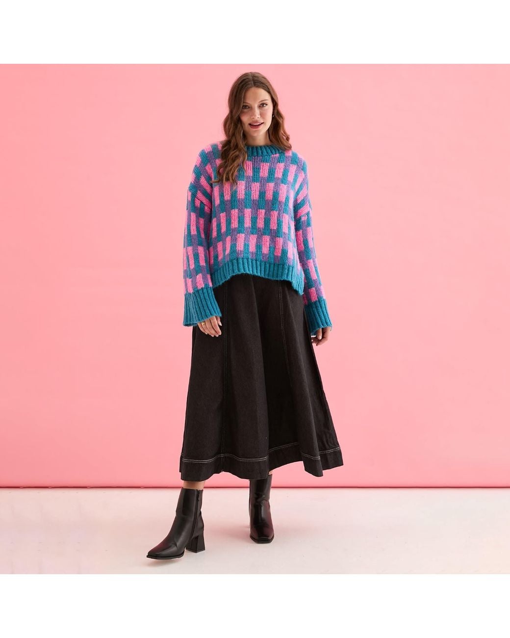 Cara & The Sky Blue Charlotte Geometric Pattern Wide Sleeve Knit Jumper