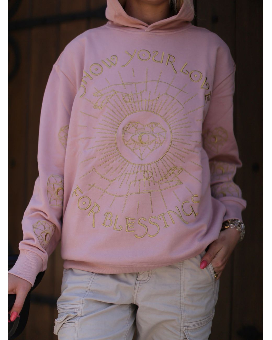Miracles Manifester Pink Show Your Love Affirmation Embroidered Hoodie