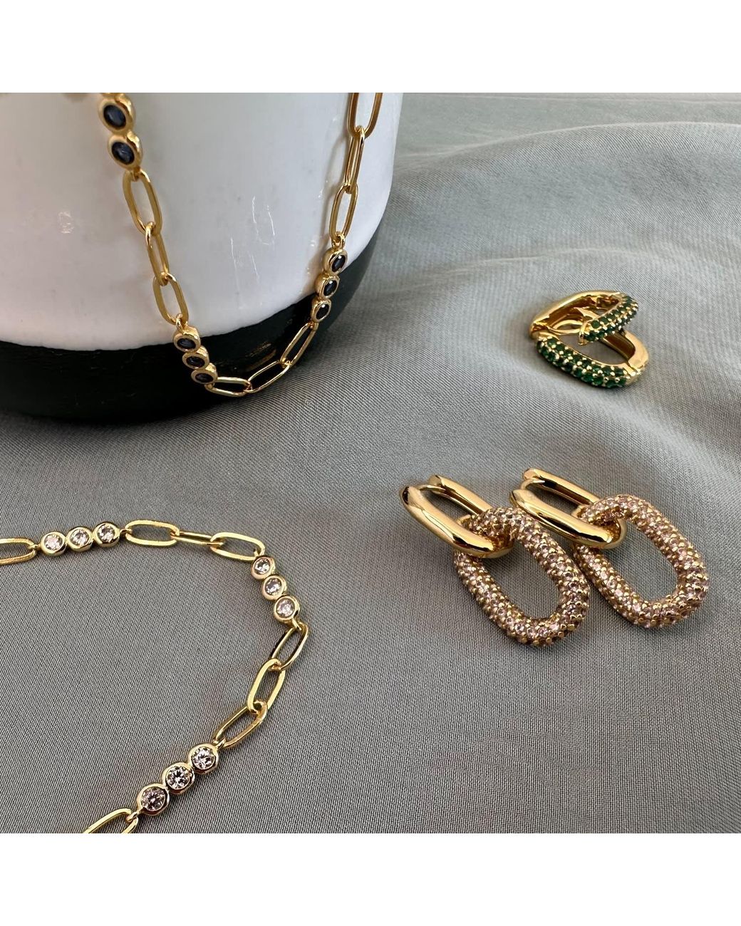 Clemence Wren Metallic Huggie Earrings With Bright Pave Gemstone Charm