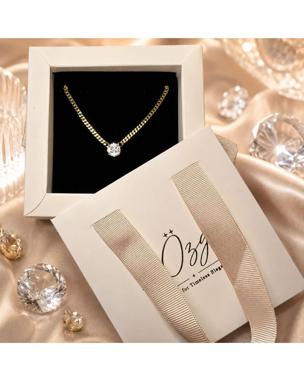 By Ozge Metallic Starlight Solitaire Zircon Plated Statement Chain Necklace