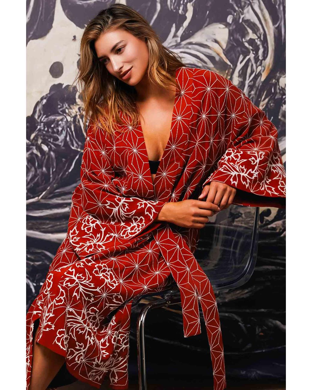 Artemis Muse Asanoha & Peony Embroidered Terracotta Fully Lined Long Kimono