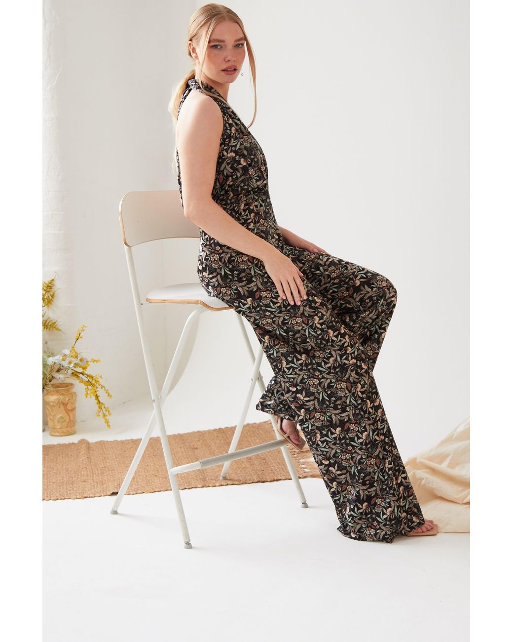 Sarvin Multicolor Floral Velvet Backless Jumpsuit