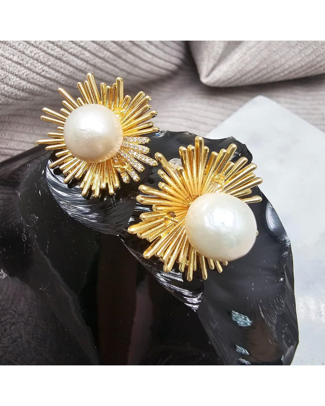 Farra Metallic Tone Freshwater Pearl Sunburst Statement Stud Earrings