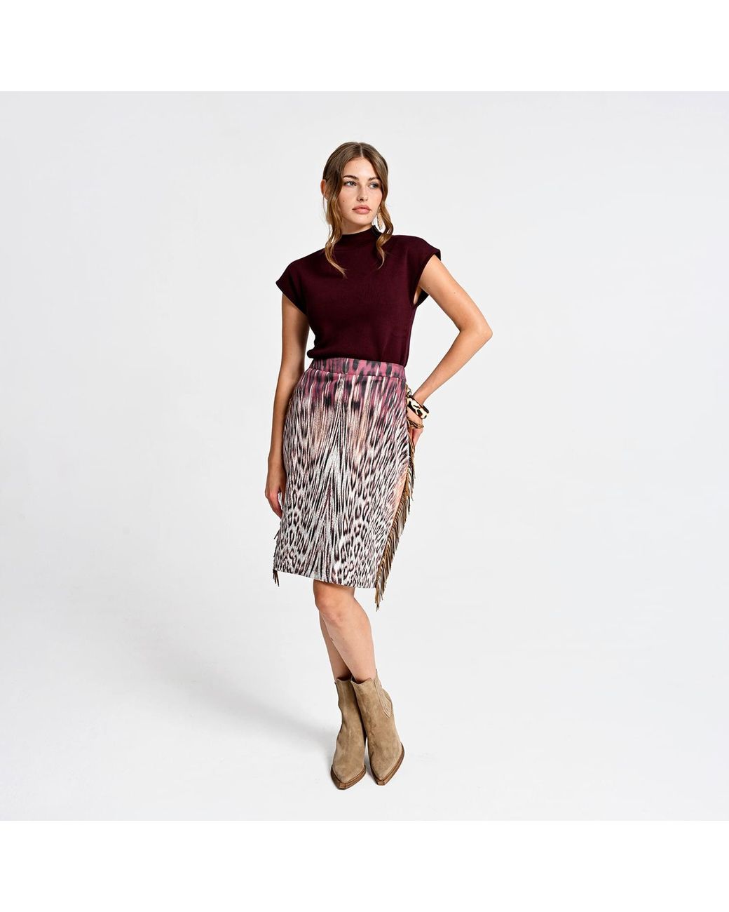 Lalipop Design Purple Pencil Skirt With Animal Print And Fringe Details