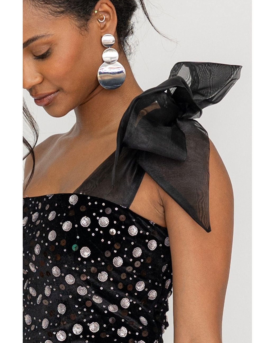 Zetaye Black Lydia Sequin One Shoulder Bow Dress