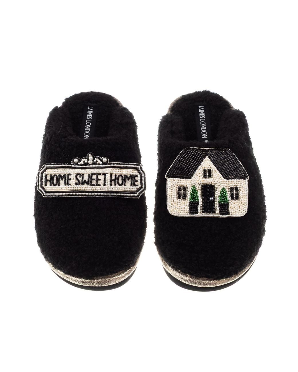 Laines London Black Teddy Closed Toe Slippers With Home Sweet Home Brooches