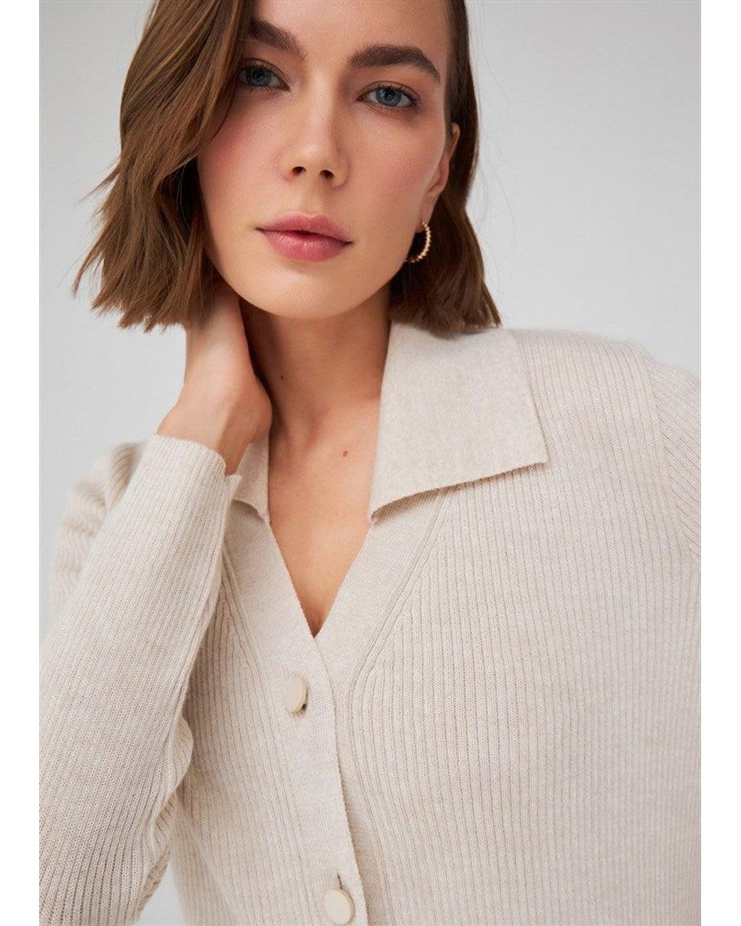 Peraluna Natural Neutrals Polo V-Neck Ribbed Knit Cardigan