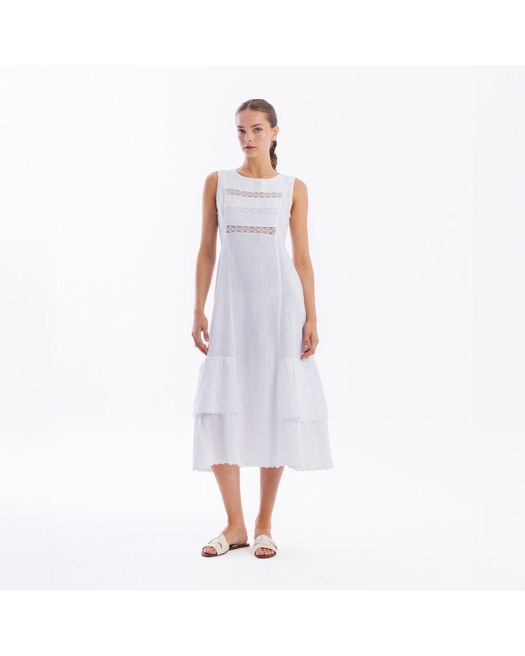 Haris Cotton White Linen Maxi Sleeveless Dress With Lace Trim Details And Ruffles