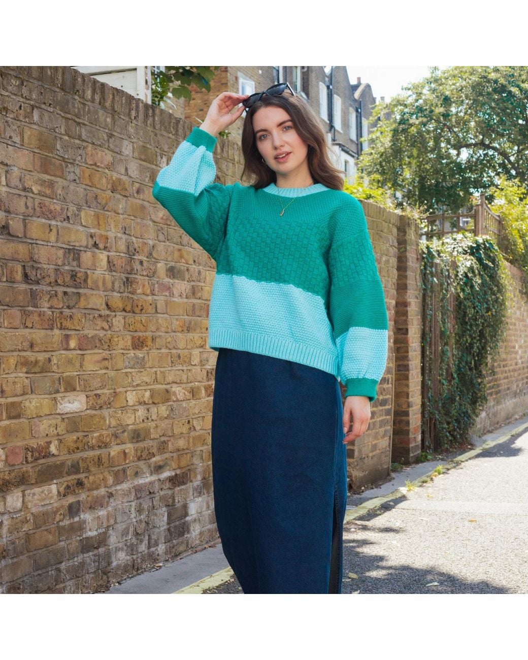 Cara & The Sky Green Taz Colour Block Balloon Sleeve Jumper