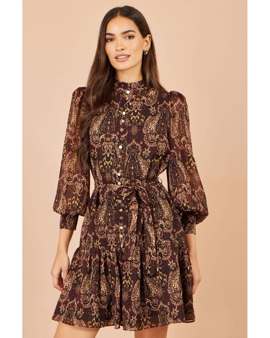 Yumi' Brown Paisley Long Sleeve Shirt Dress
