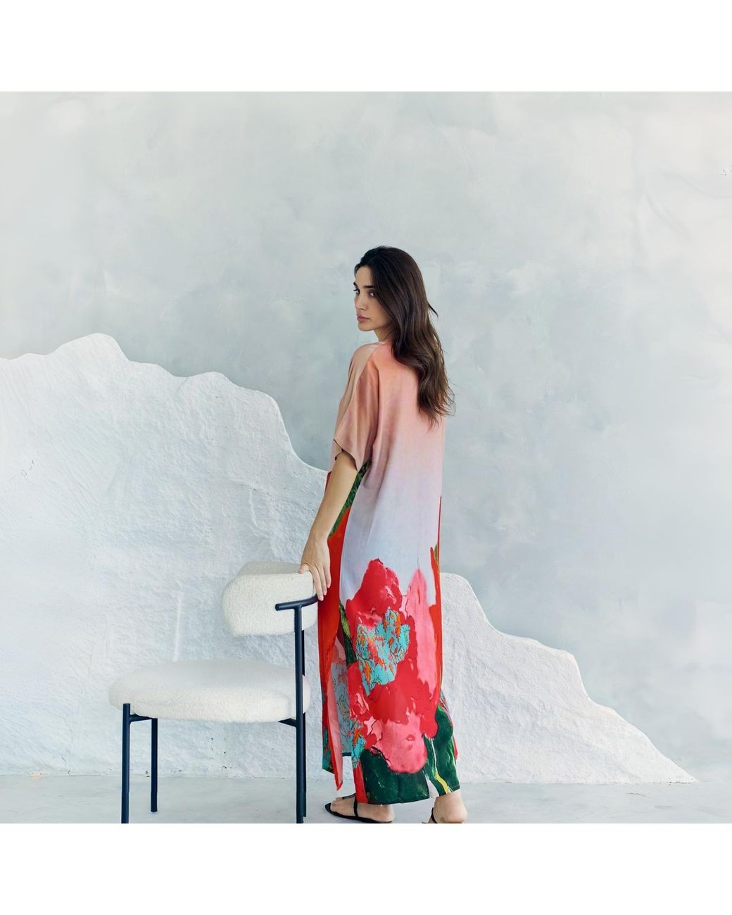 DHARA SHETH DUBAI Red Coral Mirage Floral Kaftan Maxi Dress With Side Slits