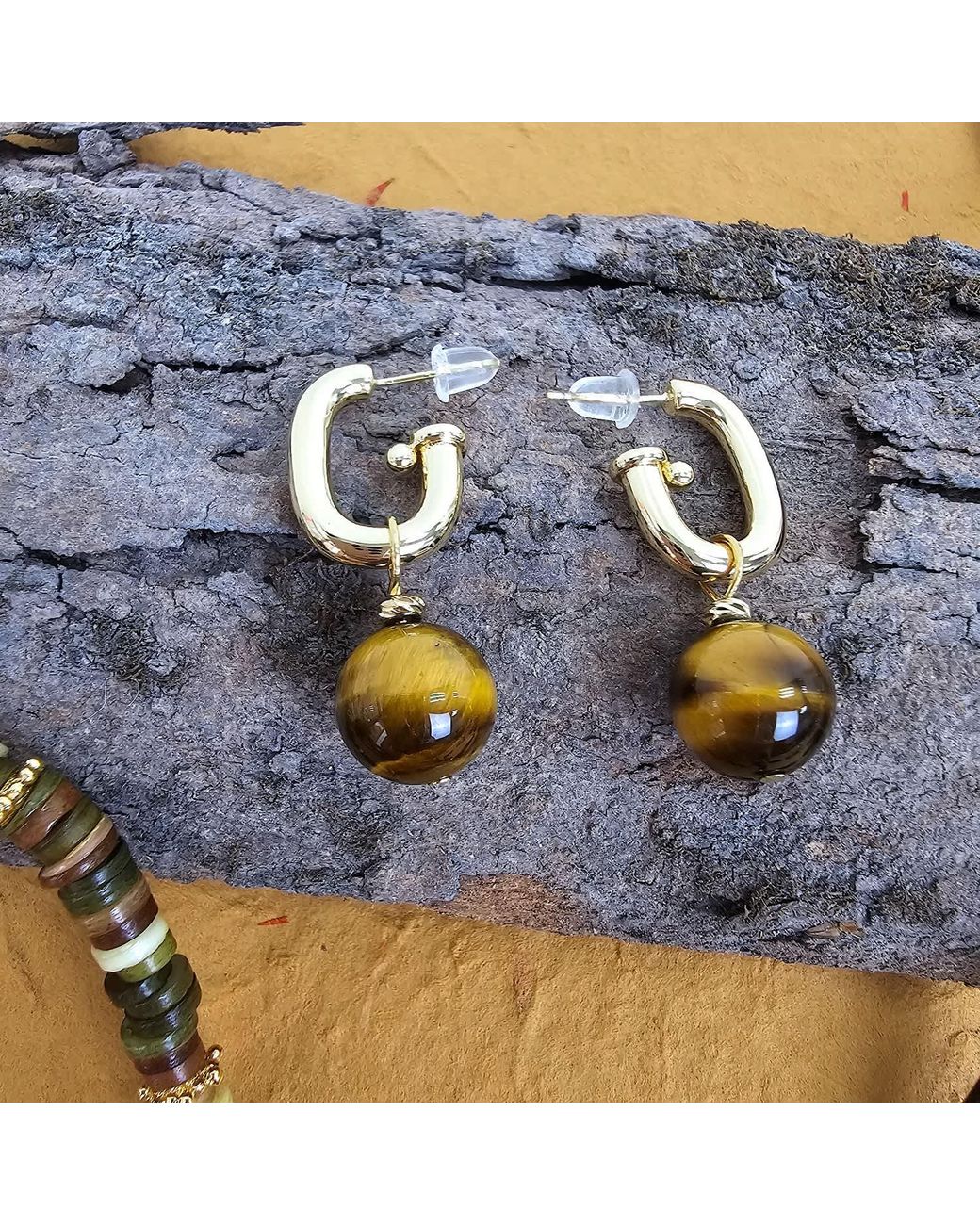 Farra Metallic Tiger-Eye Stone Dangle Modern Hoop Earrings