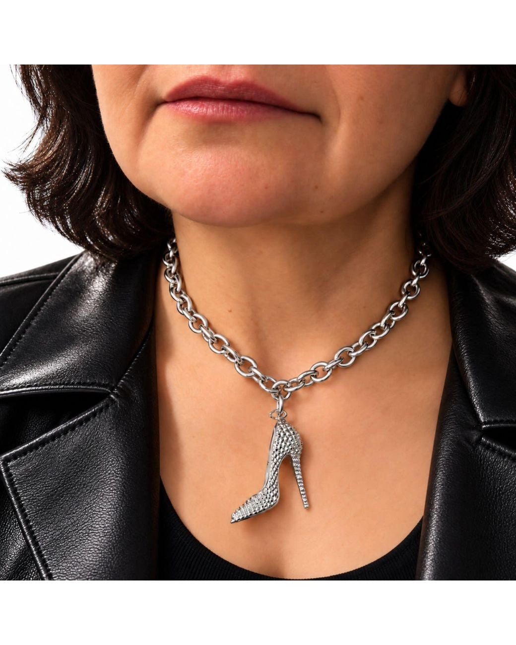 Jagged Halo Jewelry Metallic I'M Bad Stiletto Heel Chunky Chain Necklace Stainless Steel Plated