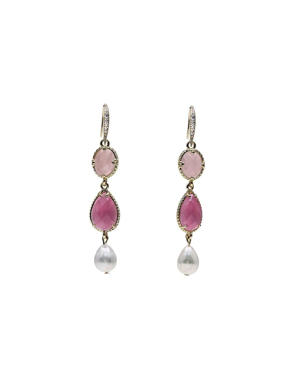 Farra Pink Rose Quartz With Pearls Feminine Dangle Earrings