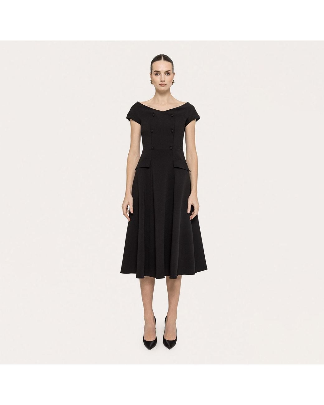 Nissa Black A-Line Crepe Midi Dress