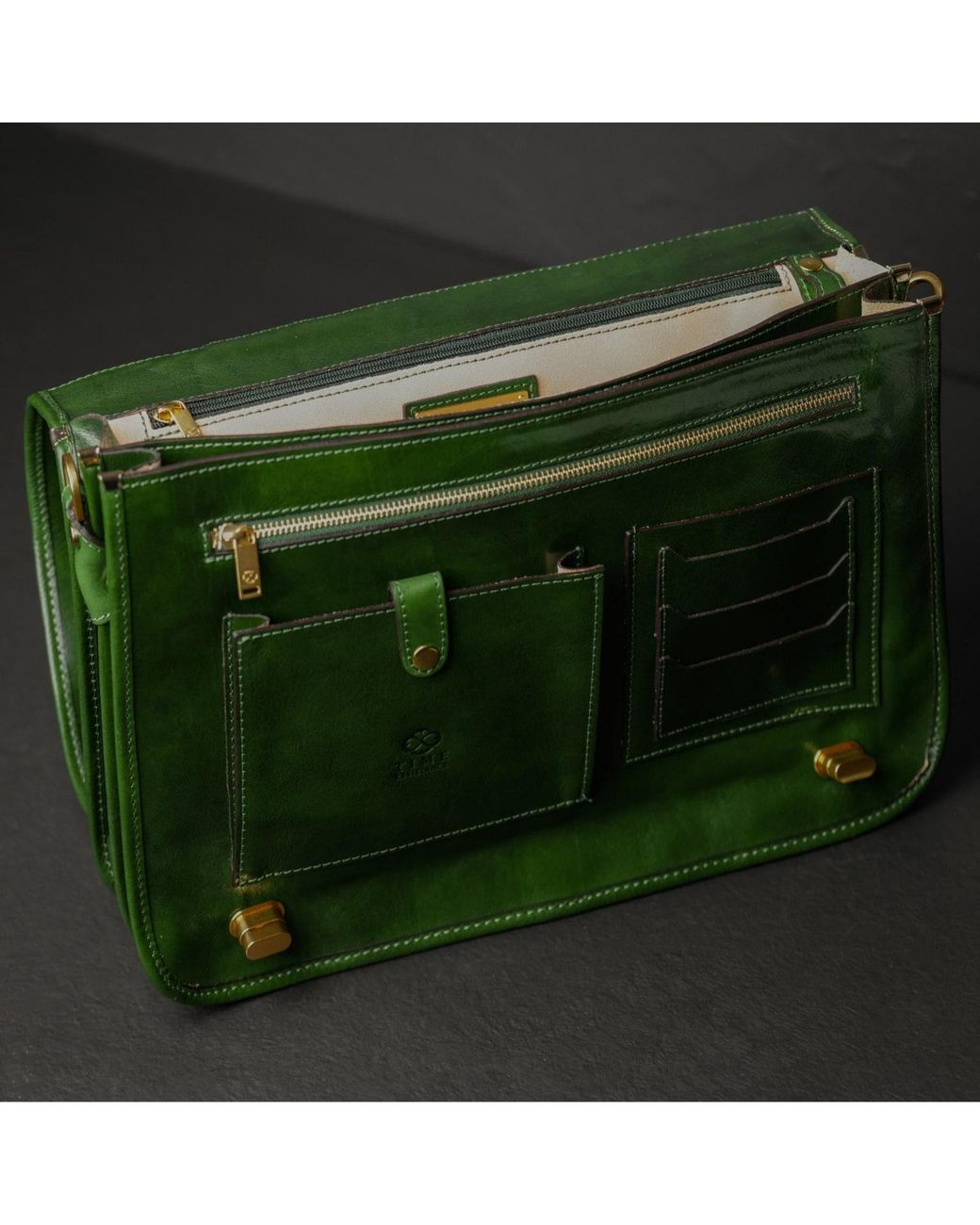 Time Resistance Green Leather Briefcase Laptop Bag for men