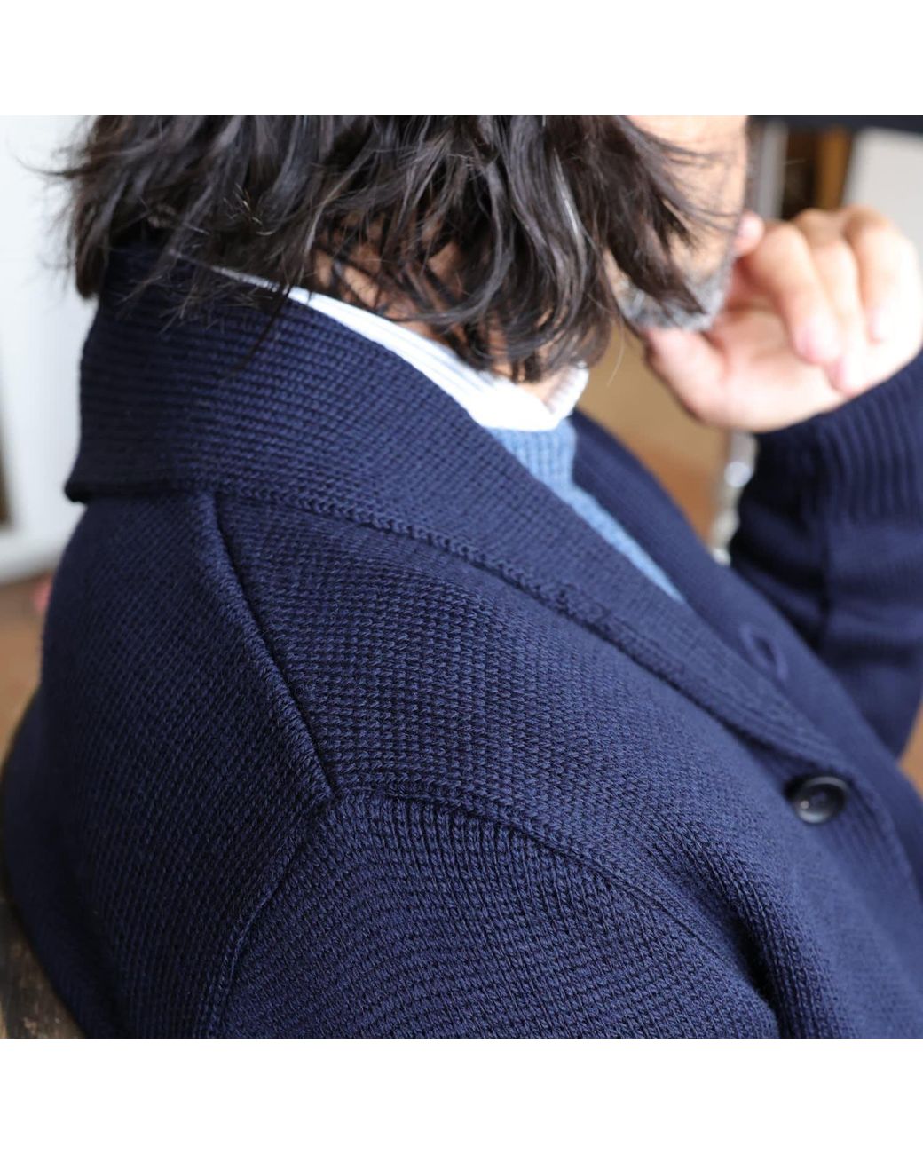 Paul James Knitwear Blue Chunky Merino Wool Marello Shawl Collar Cardigan for men