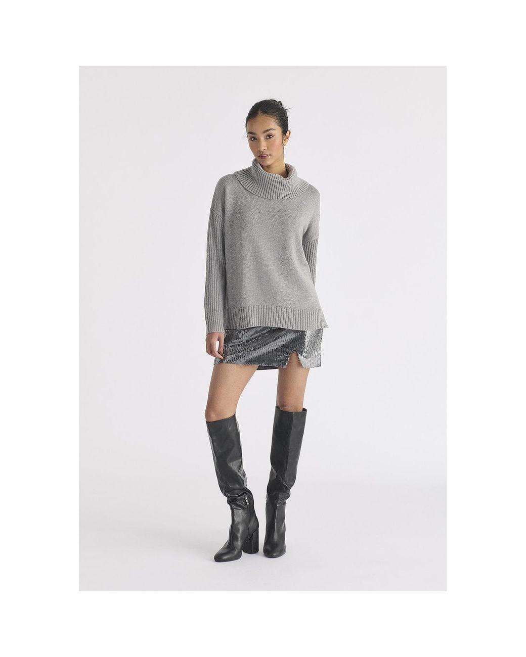 Paisie Gray Polo Neck Jumper With Ribbed Details