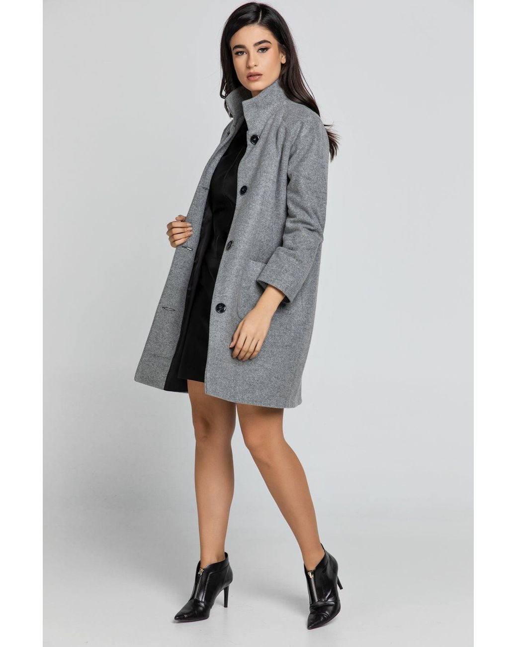 Conquista Gray Coat With Upright Collar By Fashion