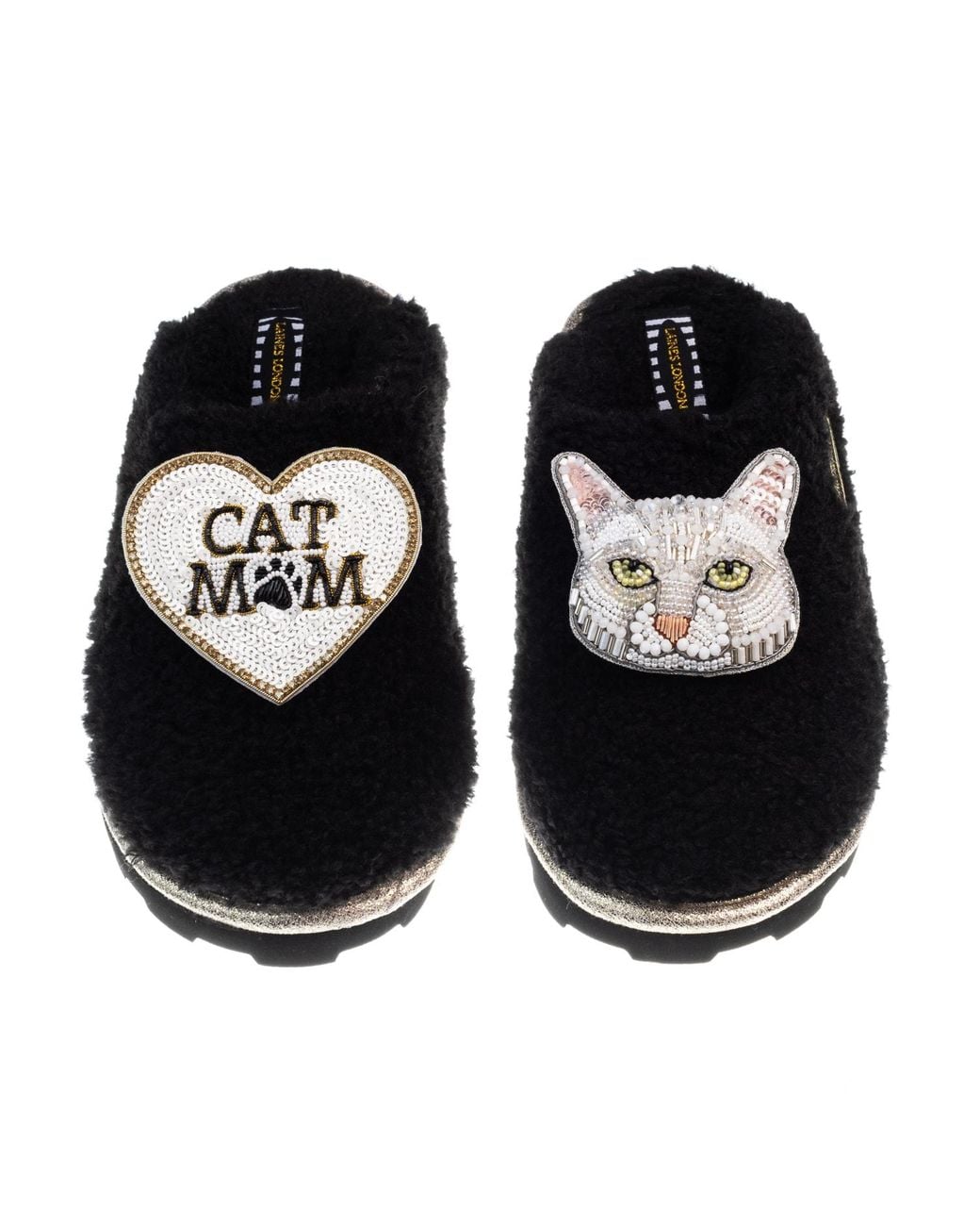 Laines London Black Teddy Closed Toe Slippers With Lily The Domestic Shorthair Cat & Cat Mum Mom Brooches