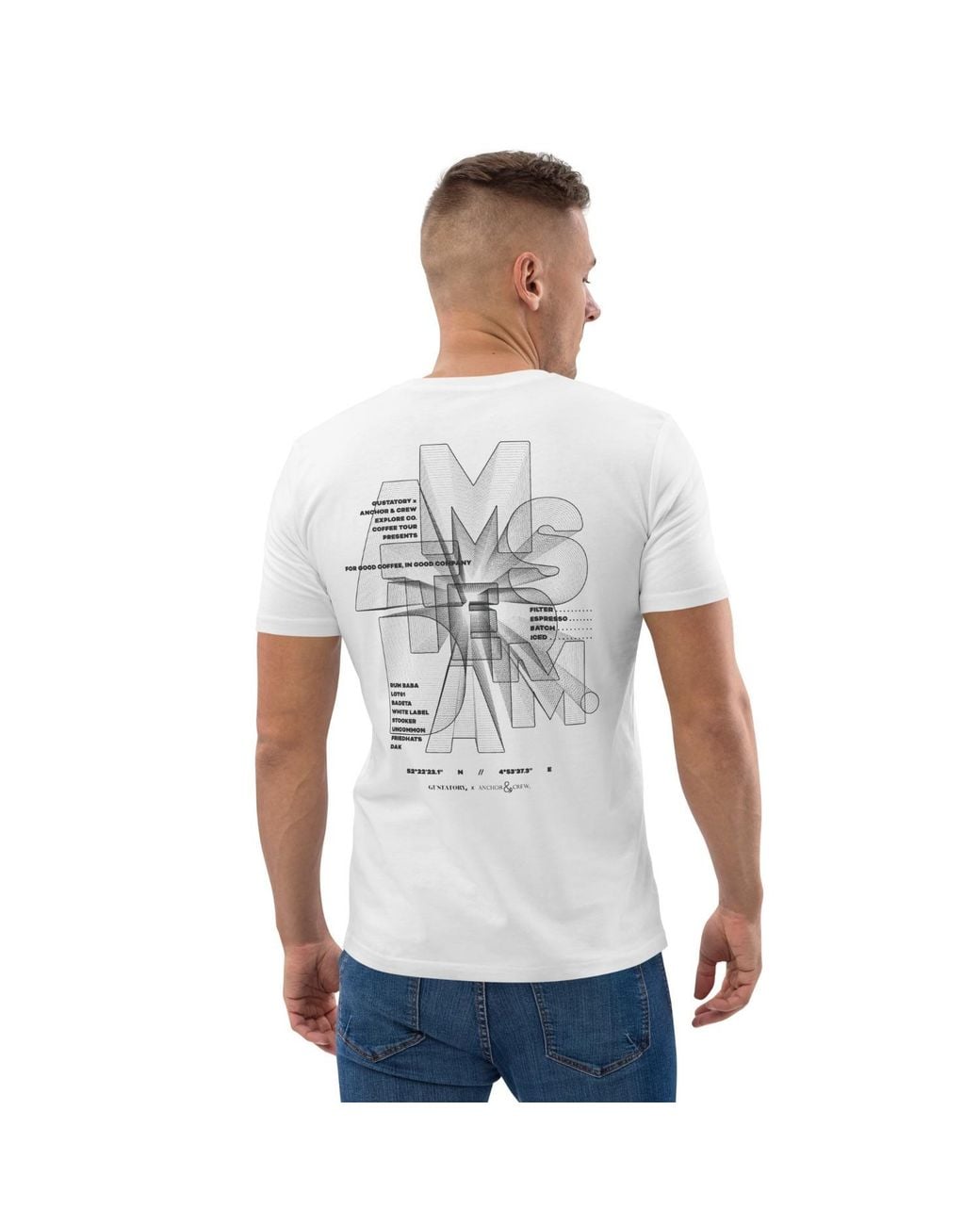 Anchor and Crew White Gustatory Amsterdam Coffee Scene Organic Cotton Embroidered T-Shirt for men