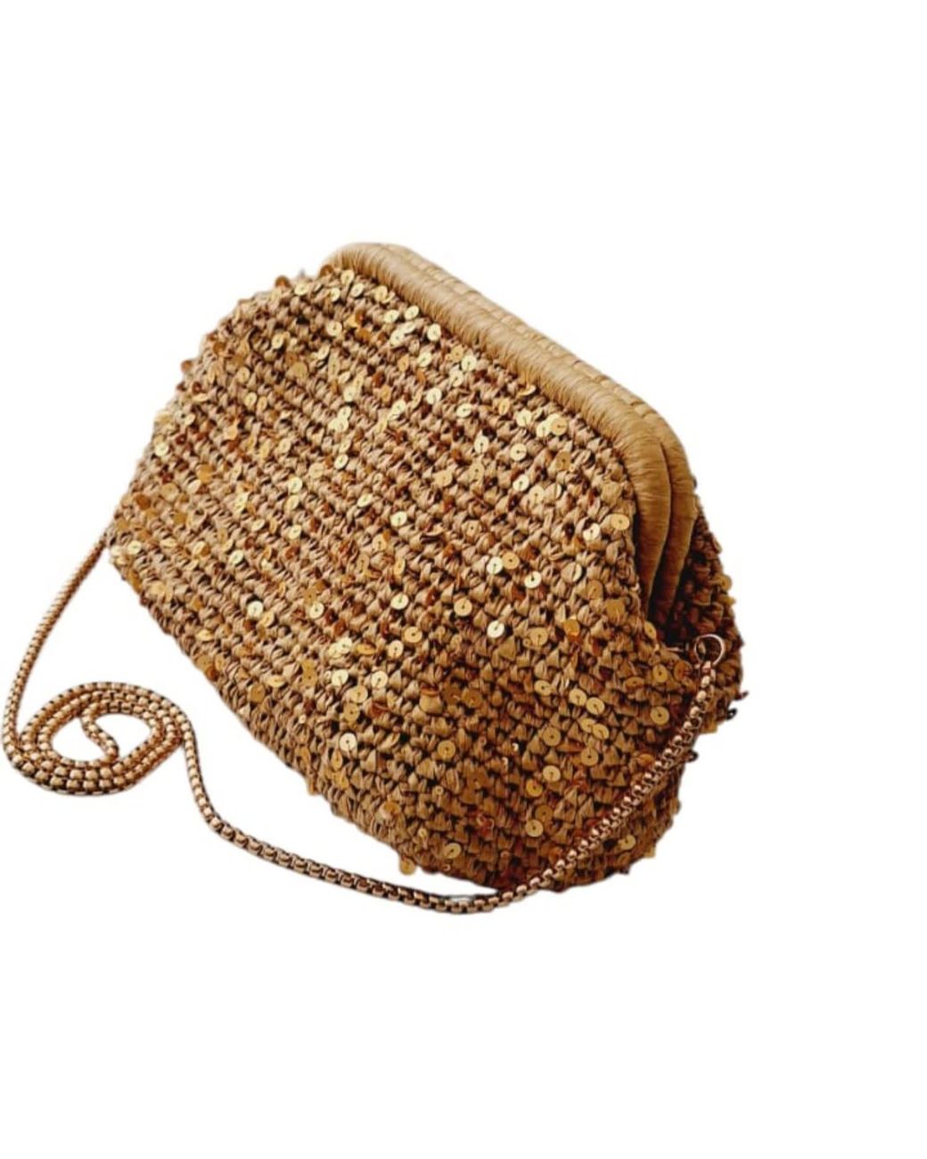 Springmoonatelier Metallic Handcrafted Raffia Clutch With Golden Sequins