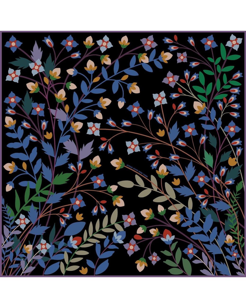 Jessie Zhao New York Black Double Sided Silk Scarf Of Night Garden