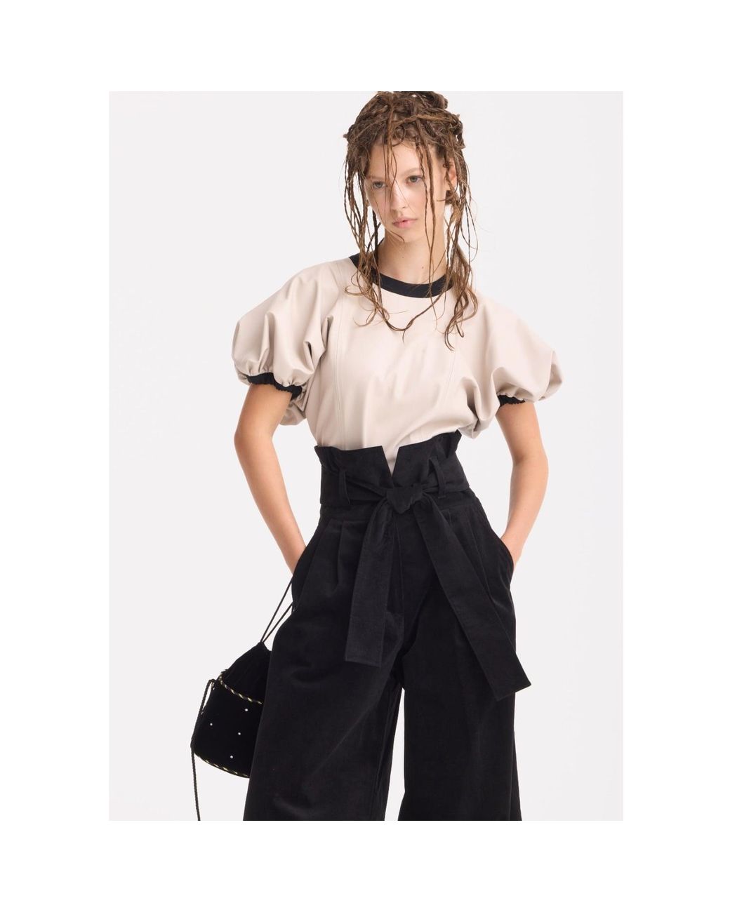 Julia Allert Multicolor Neutrals Puff Sleeve Faux Leather Top –
