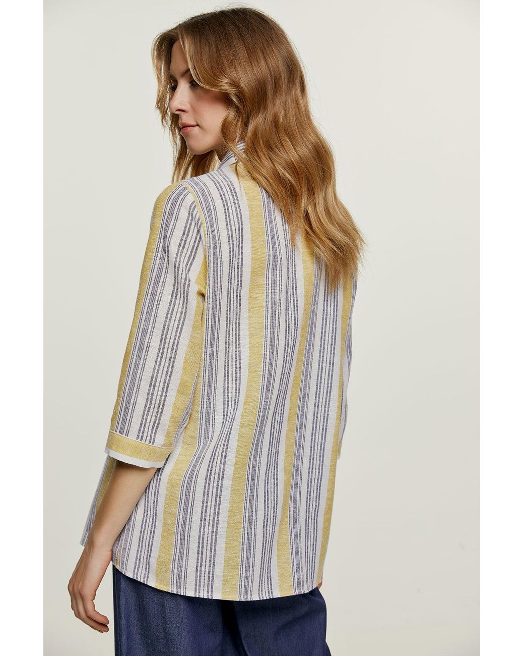 Conquista Blue Striped Linen Style Top With Pockets