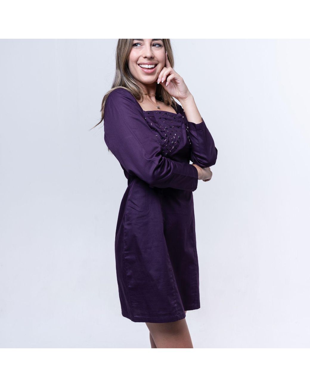 House of Gl Purple Amethyst Beaded Cotton Mini Dress With Sweetheart Neckline