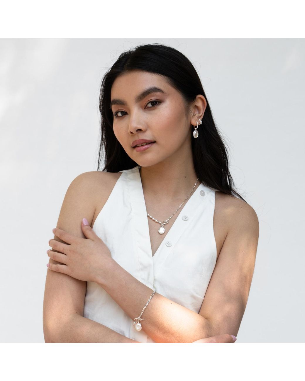 Dower & Hall White Luna Pearl Keshi Hoops