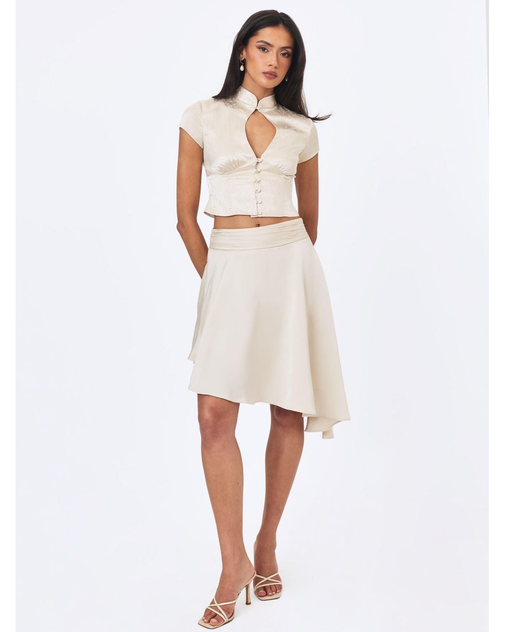 Miss Circle New York White Galilea Ivory Floral Jacquard Keyhole Mandarin Collar Top