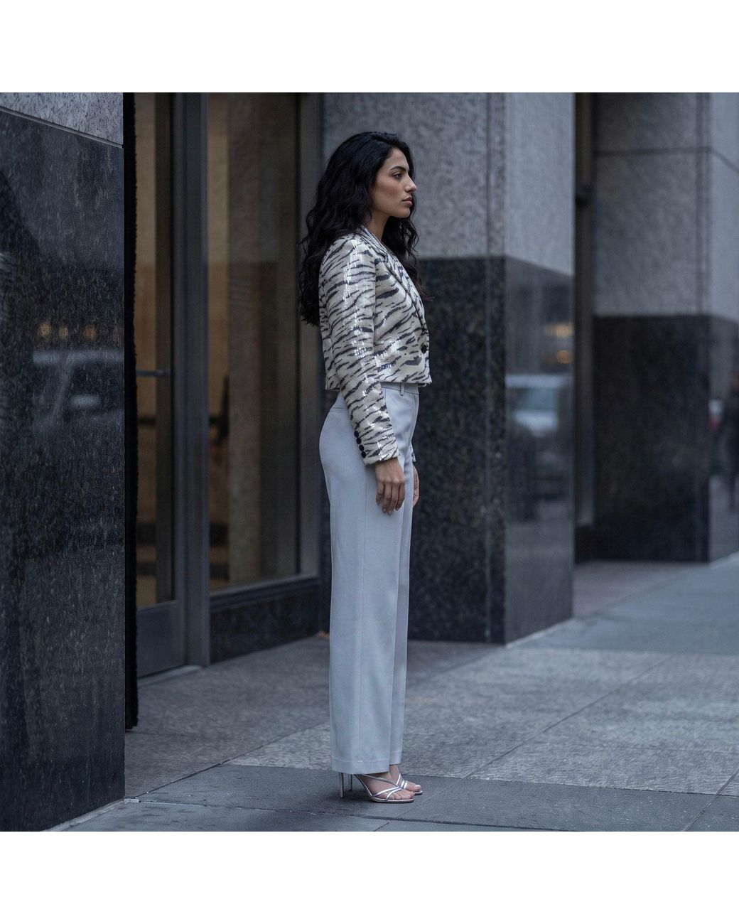 Modenaire Gray Leopard Print Sequin Cropped Jacket With Button Front