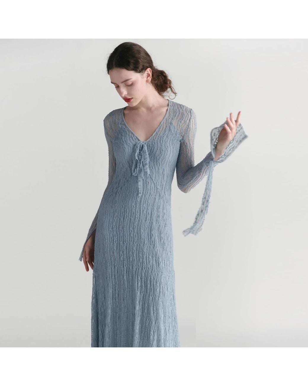 Belsize25 Blue Trumpet Dress Flared Sleeve Sheer Lace Knit Dress