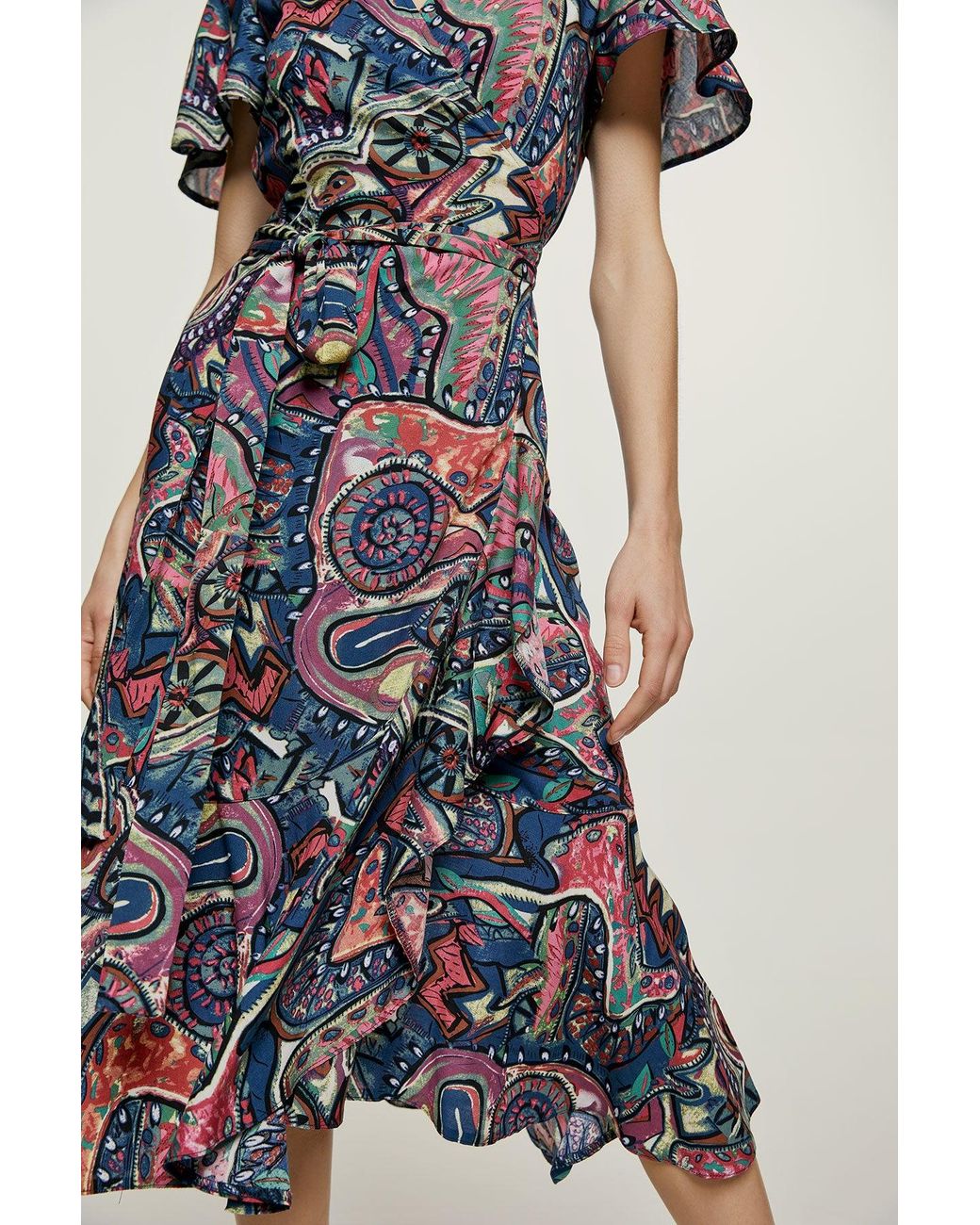 Conquista Blue Print Ruffle Detail Wrap Dress