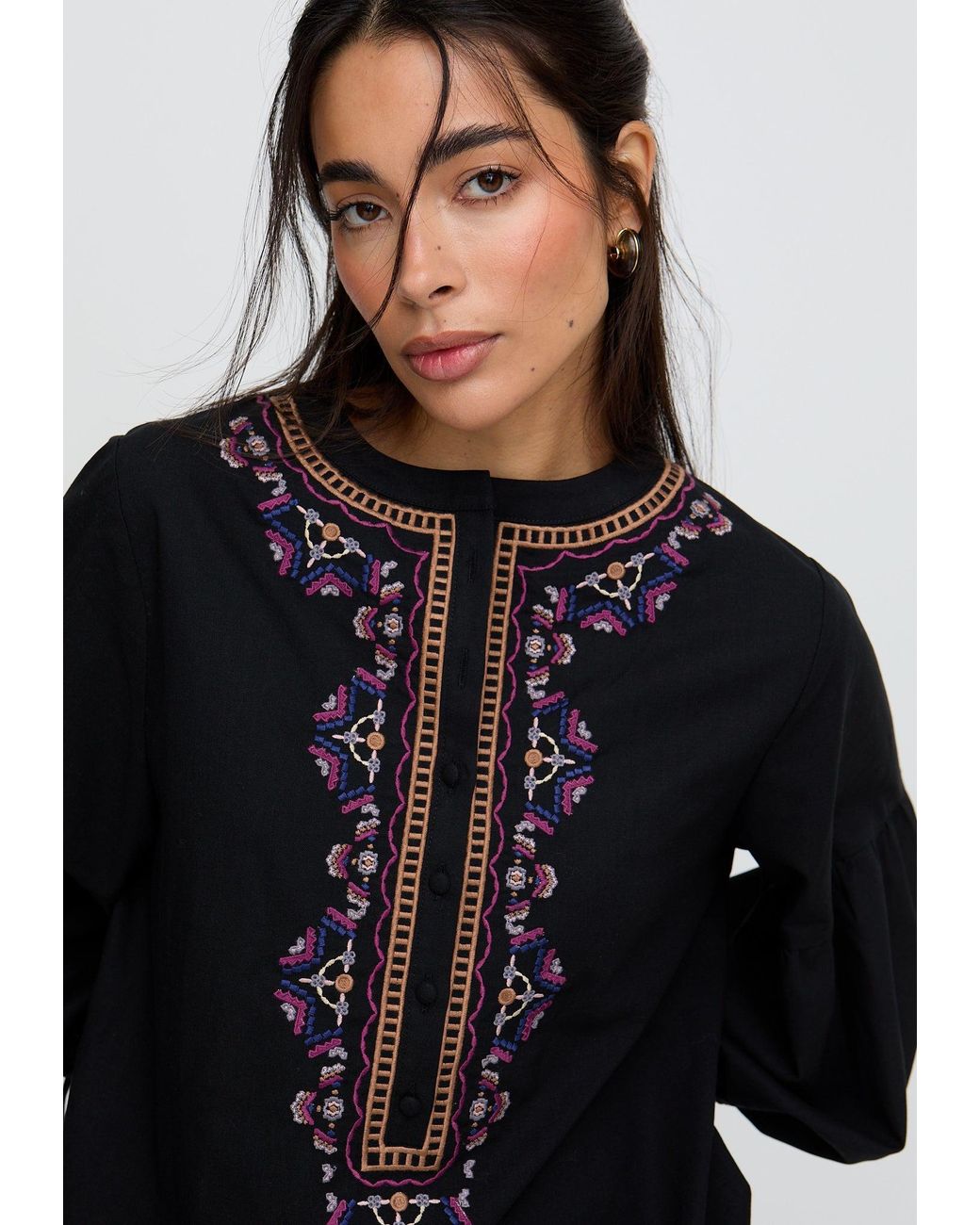 Raffya Black Anai Half Placket Embroidered Blouse