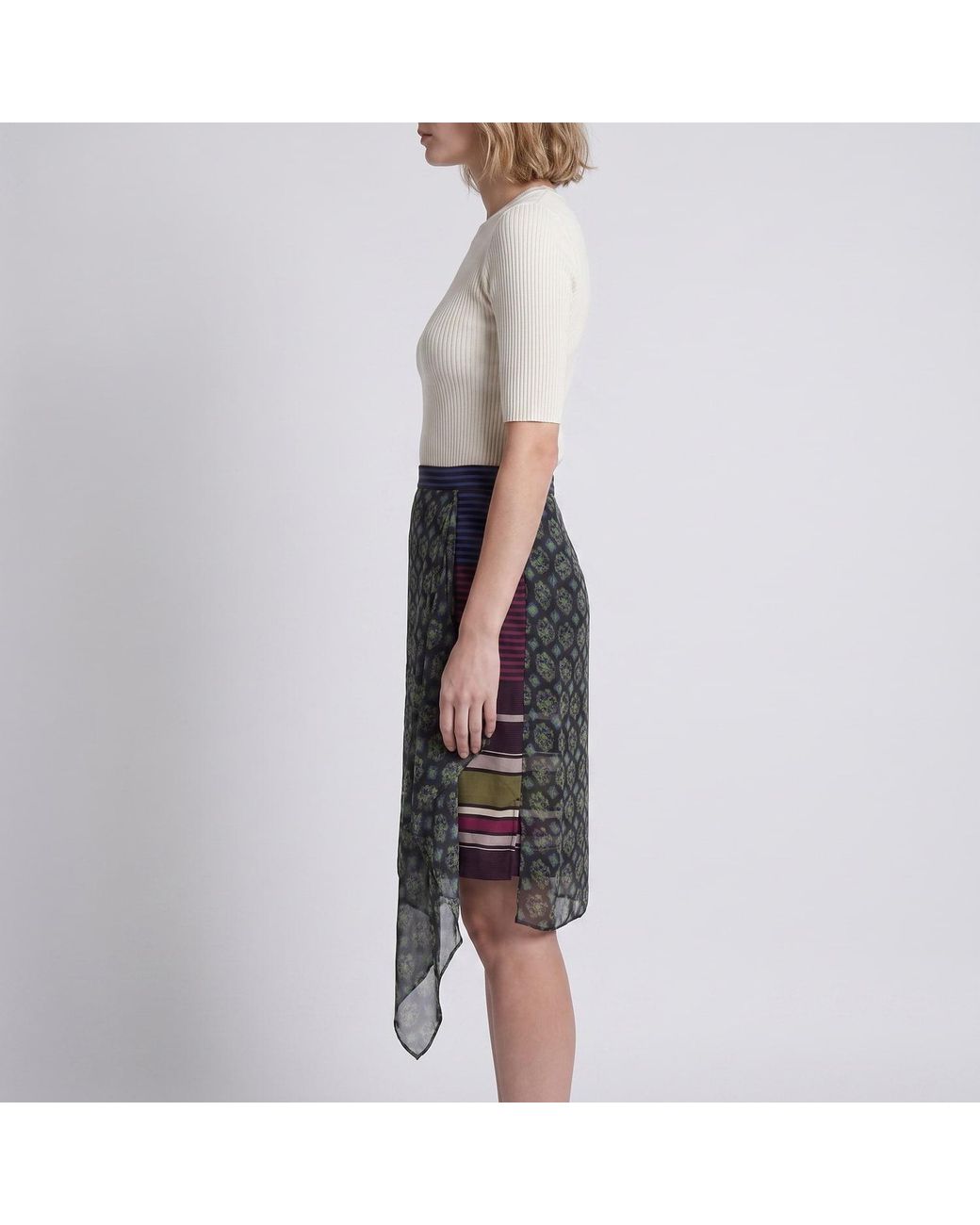 Modenaire Gray Geometric Print Chiffon Midi Skirt With Draped Asymmetric Side Panel