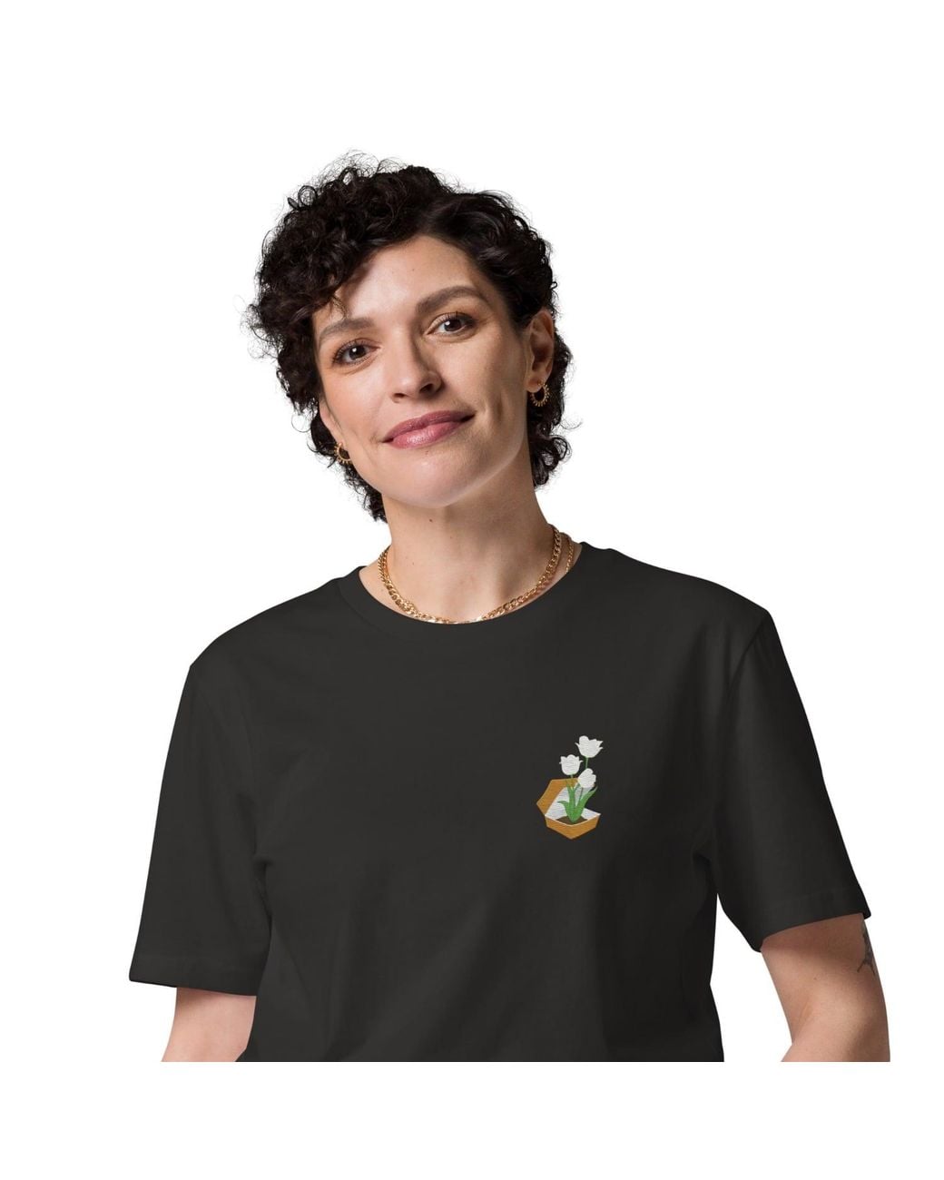 Anchor and Crew Black Heather Tulip Garden Dystopia Organic Cotton Embroidered T-Shirt
