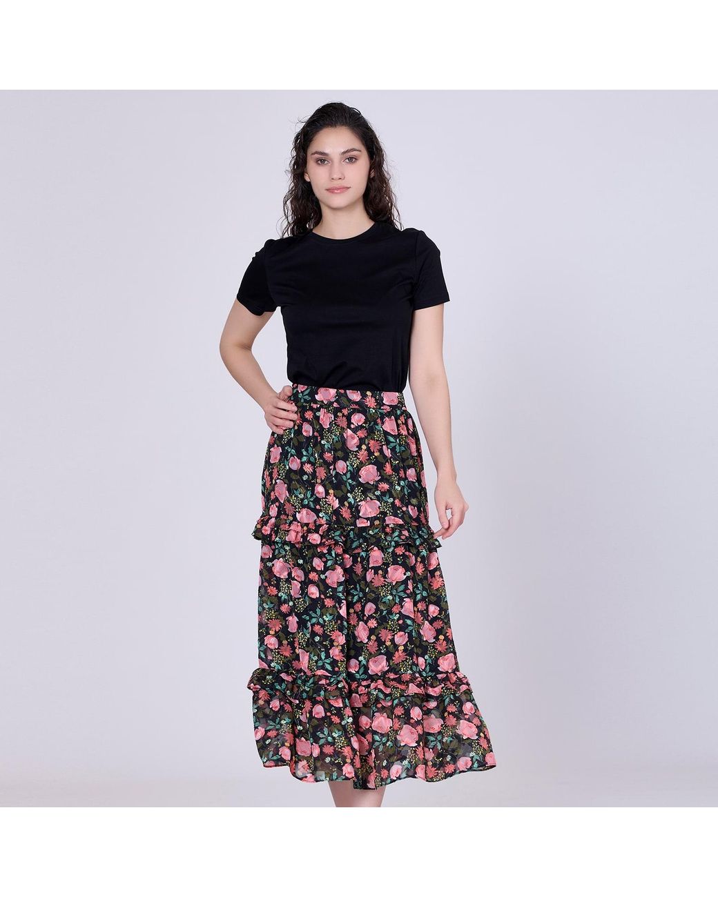 Smart and Joy Black Flower Print Tiered Ruffles Midi Skirt